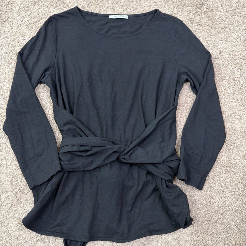 MM LaFleur The Walker Shirt Womens S Black Knit Tie Waist Long Sleeve Capsule